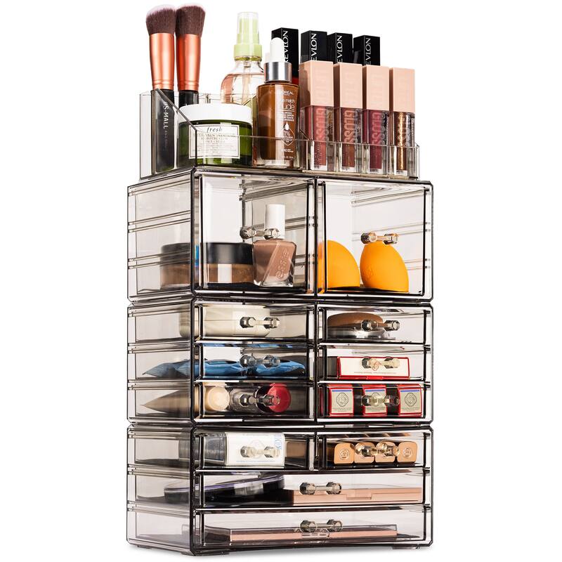 Sorbus Cosmetic Makeup and Jewelry Storage Case with 12 Drawers and 16 Slots - 4-Piece Set - Clear - Black
