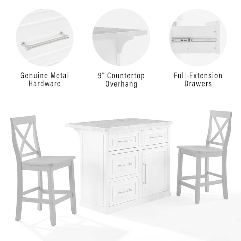 Crosley Cutler Faux Marble Top Kitchen Island W/X-Back Stools - 56"d x 42"w x 41"h