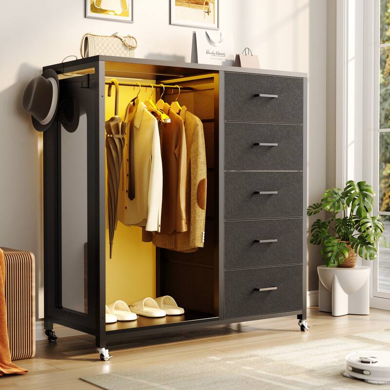 Kid's Closet Organizer with Fabric Drawers and Mirror, Rolling Dresser and Chest with Charge Station