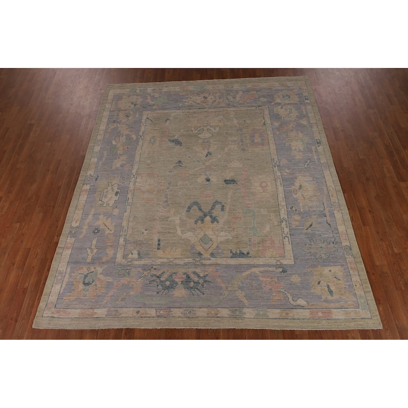 Vegetable Dye Oushak Turkish Area Rug Hand-Knotted Green Wool Carpet - 7'9"x 9'6"