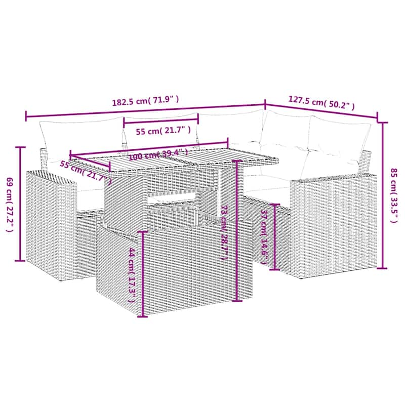 vidaXL Patio Sofa Set with Cushions Outdoor Furniture 5 Piece Poly Rattan