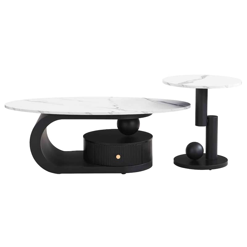 Modern Nesting Coffee Table Side Table with Artificial Marble Top and Drawers, for Living Room, 2-Piece Set