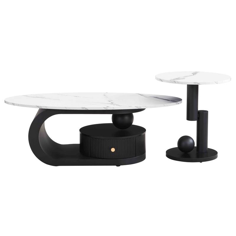 Nesting Coffee Table Set of 2, Round & Oval End Tables with faux marble Tabletop, Side Table