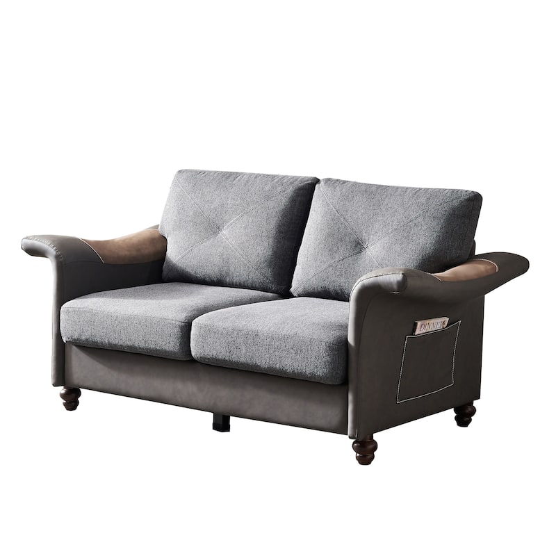 Living Room General Use Linen Fabric Faux Leather with Wood Leg Love Seat (Beige)