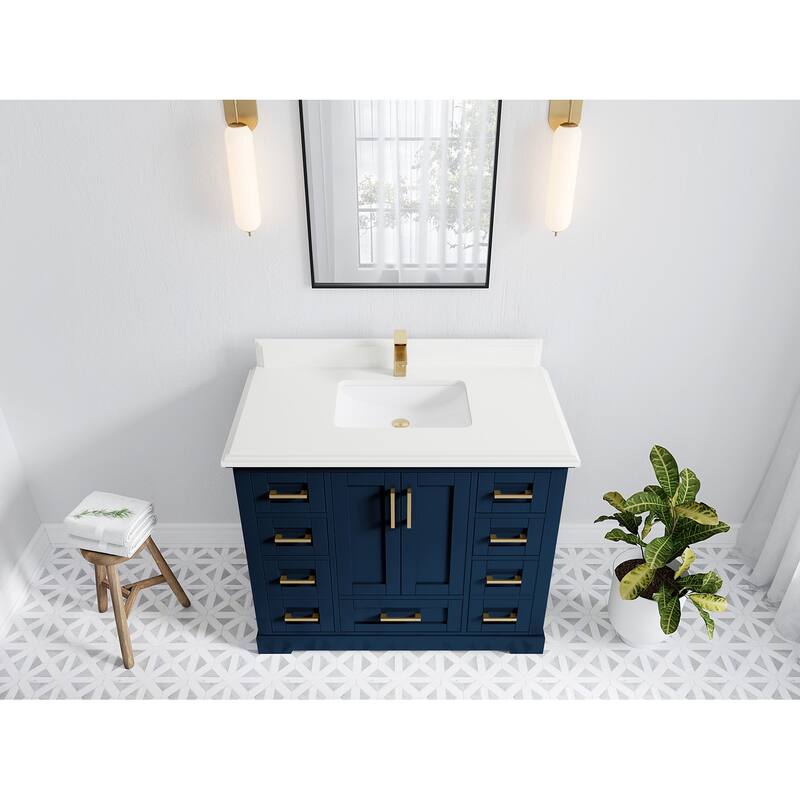 Willow Collection 42 in W x 22 in D x 36 in H Boston Single Bowl Sink Bathroom Vanity with Countertop - 1.5"White - Navy Blue