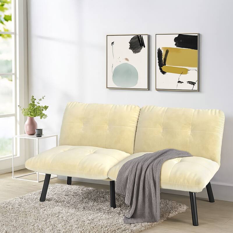 Classic Velvet Upholstered Convertible Futo Sofa Bed with Adjustable Split Backrest - Cream