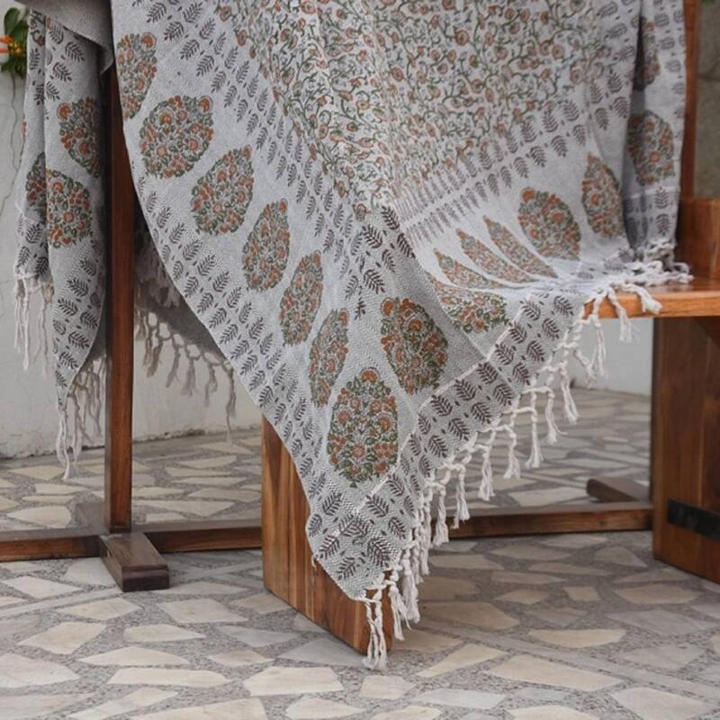 Fabdivine Himachal Handmade Cotton Throw Blanket - Floral Block Print Decorative Blanket for Home Decor with Fringe, 90"x54"