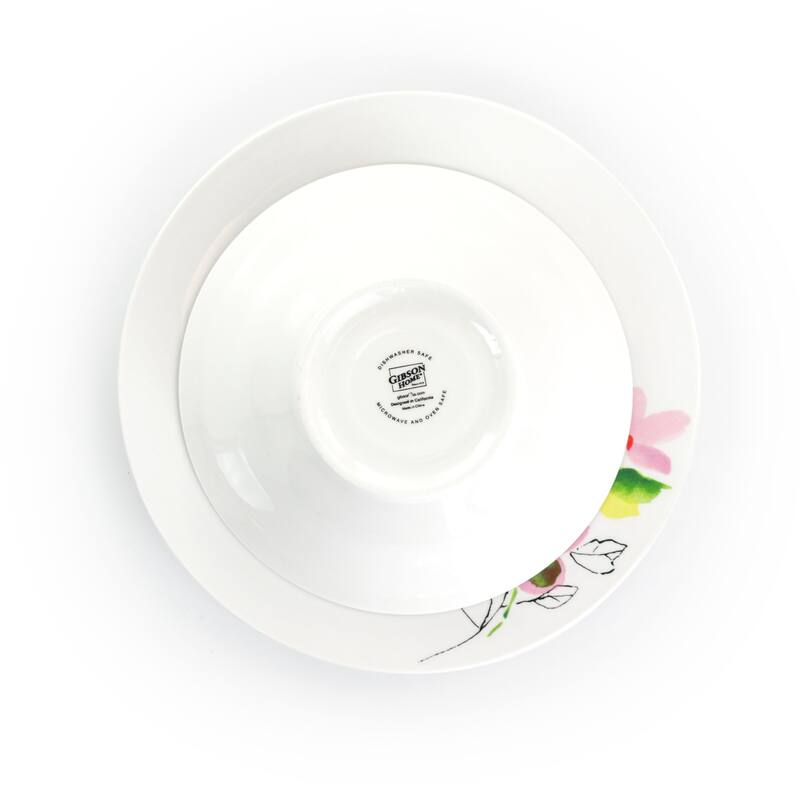 Gibson Home Vineyard Rose 12 Piece Round Fine Ceramic Dinnerware Set in White