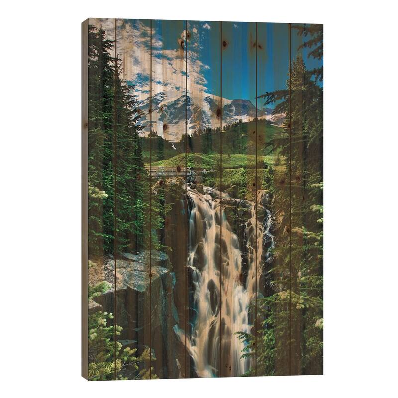 USA, Washington State, Mount Rainier National Park, Mount Rainier, waterfall Print On Wood by George Theodore - Multi-Color - 40x26x1.5