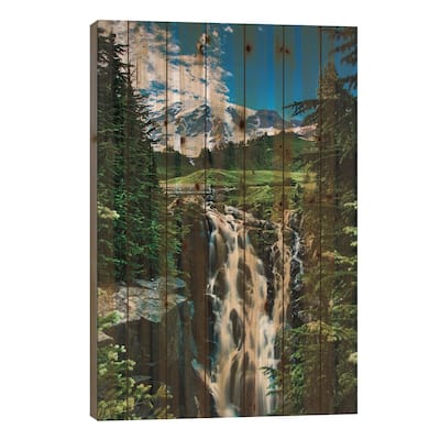 USA, Washington State, Mount Rainier National Park, Mount Rainier, waterfall Print On Wood by George Theodore - Multi-Color