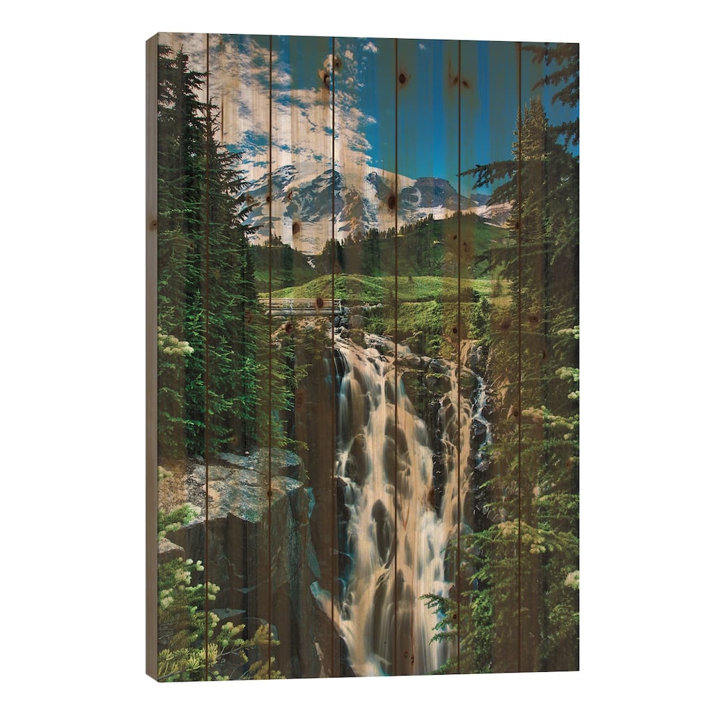 USA, Washington State, Mount Rainier National Park, Mount Rainier, waterfall Print On Wood by George Theodore - Multi-Color