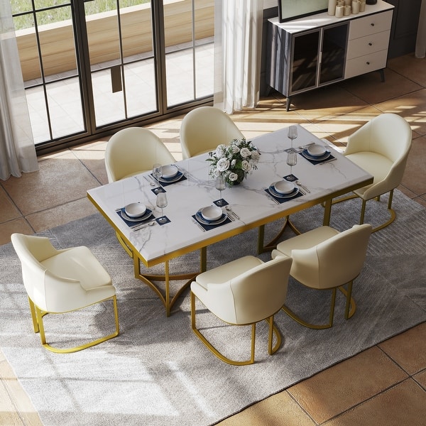 Modern Marble Dining Table with White Rectangular Tabletop Gold Stainless Legs, Dining Room Table - 78.74" - White