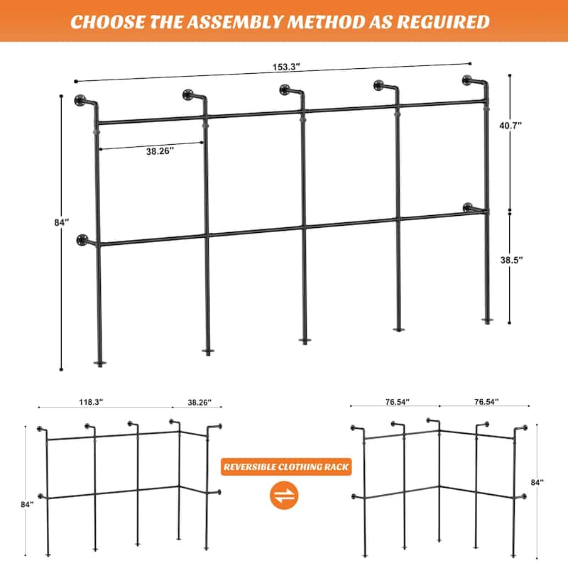 38- 153 Wide Heavy-Duty Wall-Mounted Garment Rack, Pipe Clothes Hanging Rods Closet System