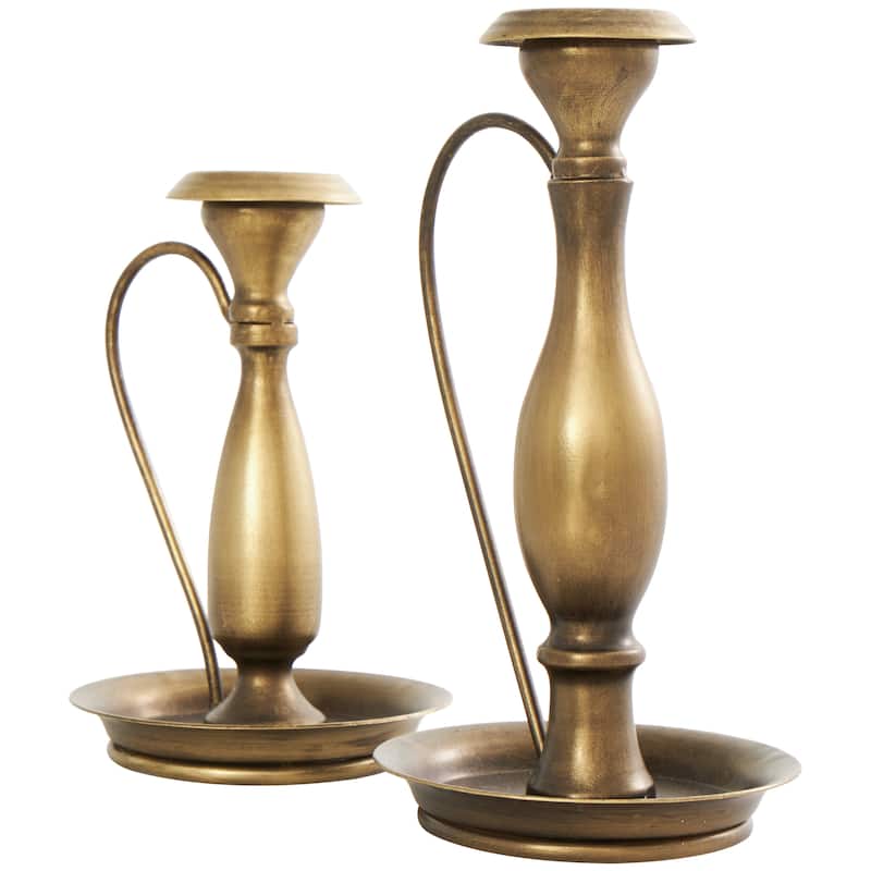 Metal Antique Style Candle Holder with Candle Plates and Handles - Set of 2 Bronze - Roche River Decor - 5"W x 5"L x 10"H