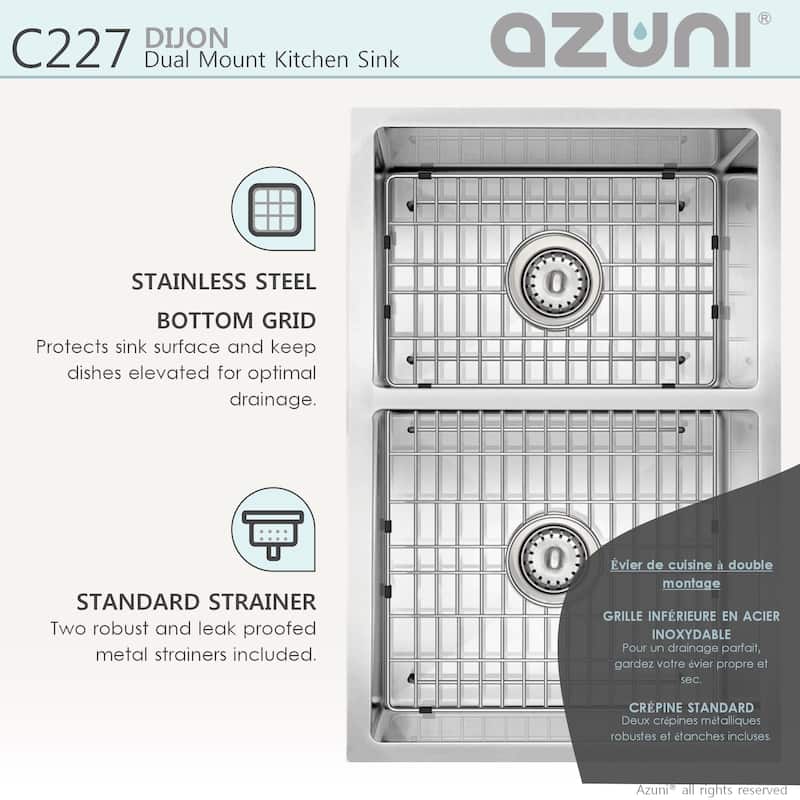 AZUNI 27 inches L x 18 inches W Double Bowl 60/40 Dual Mount 16G Reversible Kitchen Sink with Grids and Basket Strainers