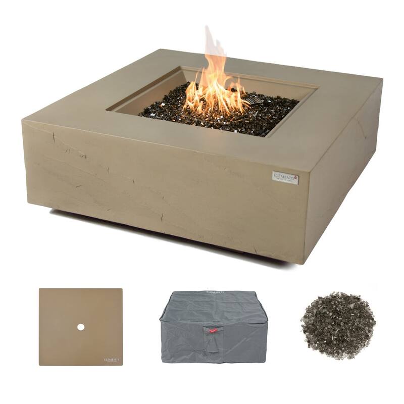 Elementi Plus Capertee Outdoor Fire Pit Table Concrete Square 60000 BTU - 40 x 40 inches with Lid, Fire Glass, and Cover - Tan - Propane