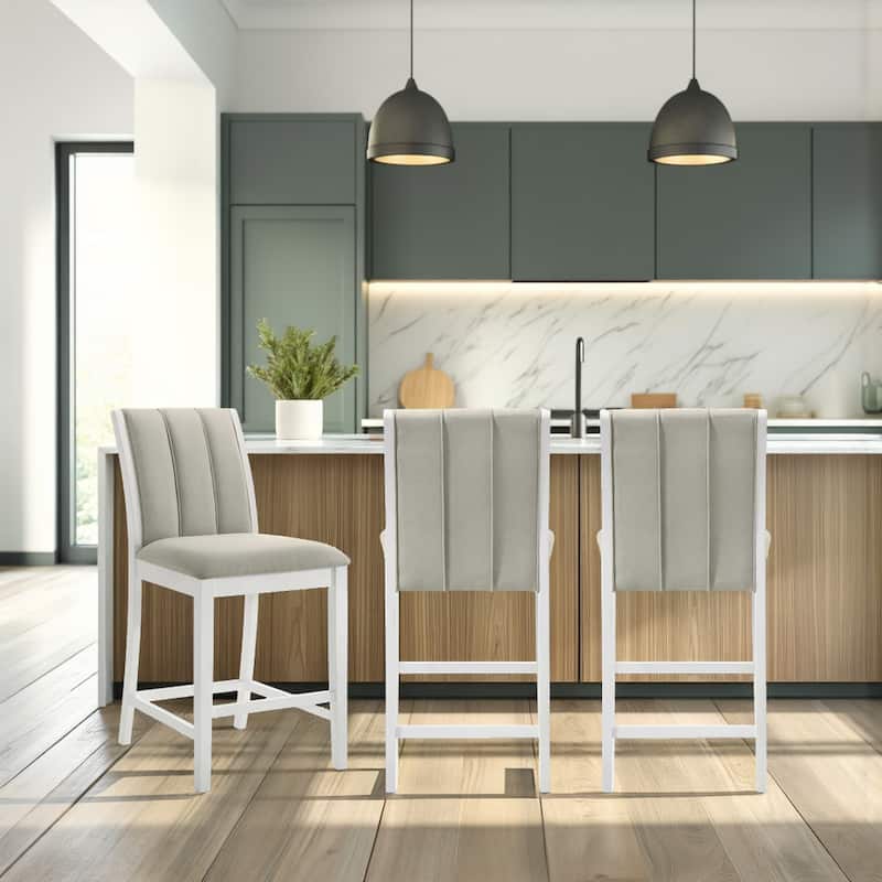 Nolan Bar Stool, Upholstered Counter Stool with Wood Frame - Set of 3 - Fog/Matte White - Counter Height