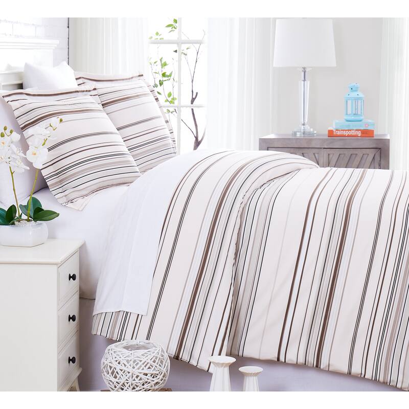 Vilano Ultra-Soft Coastal Stripes 3-piece Duvet Cover and Sham Set - Taupe - Full - Queen