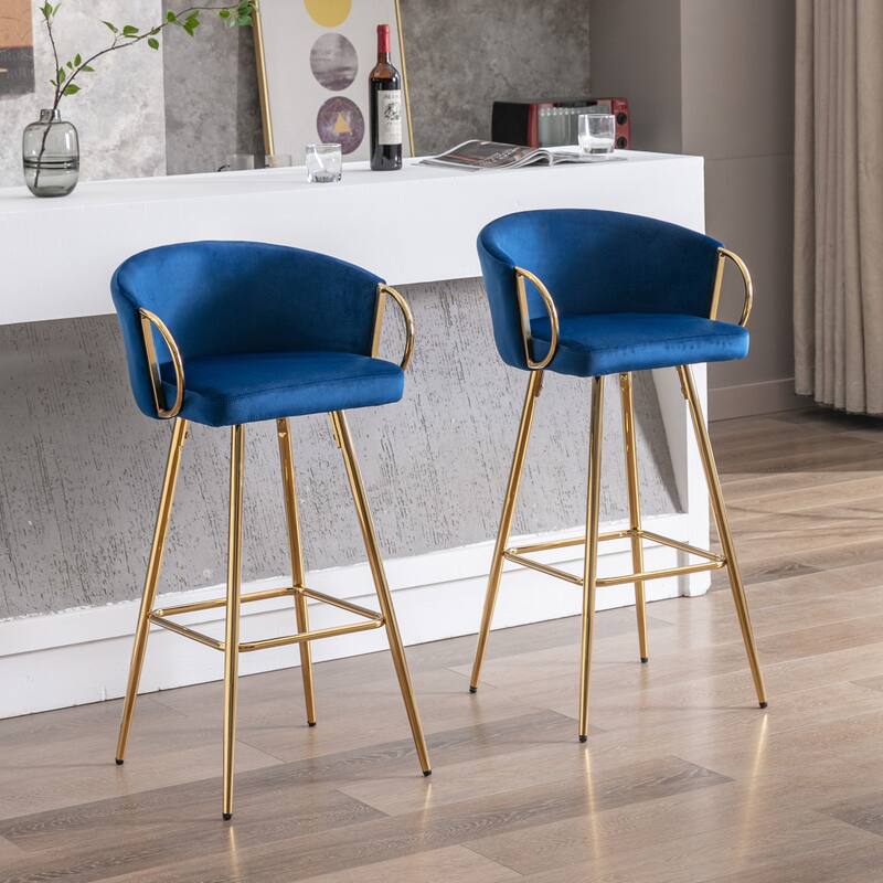 26 Inch Set of 2 Bar Stools,with Chrome Footrest Velvet + Golden Leg Simple Bar Stool,BLUE - Blue