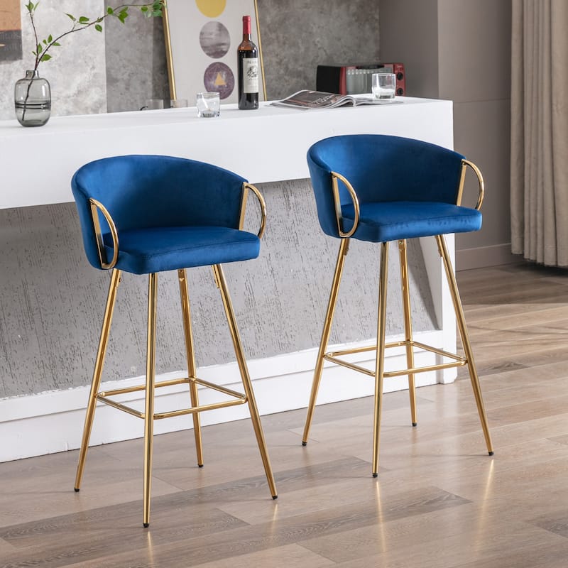 Set of 2 26" Bar Stools, Blue Velvet with Chrome Footrest & Gold Legs