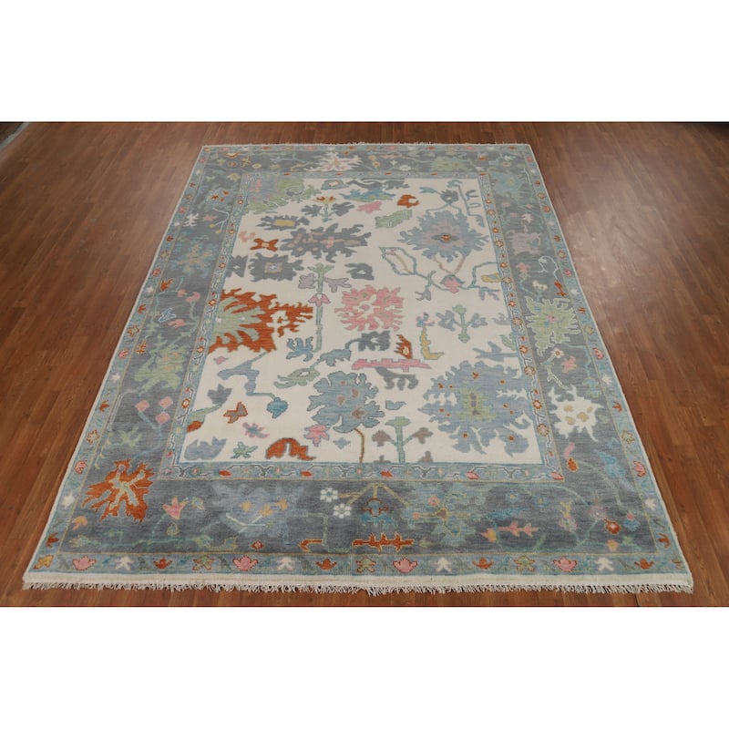Ivory Oushak Indian Area Rug Hand-Knotted Wool Carpet - 7'9" x 10'3"