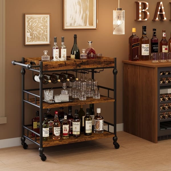 Bar Cart with Wheels, 3-Tier Serving Cart for Home, Mobile Rolling Beverage Cart with Wine Rack - Brown
