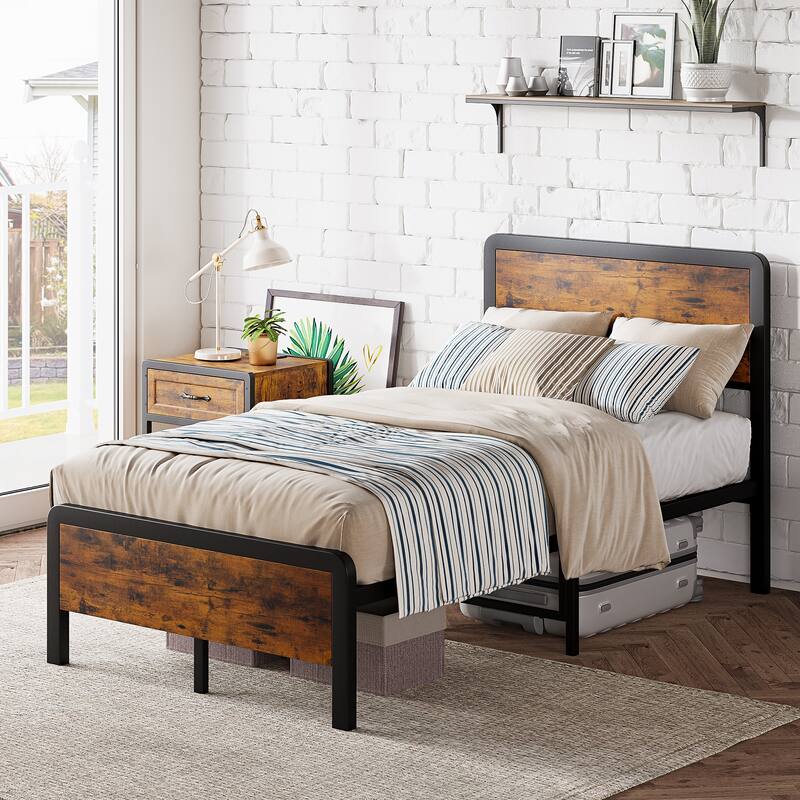Platform Bed Frame with Headboard Safe Rounded Corners & Strong Metal Slats Support - Twin