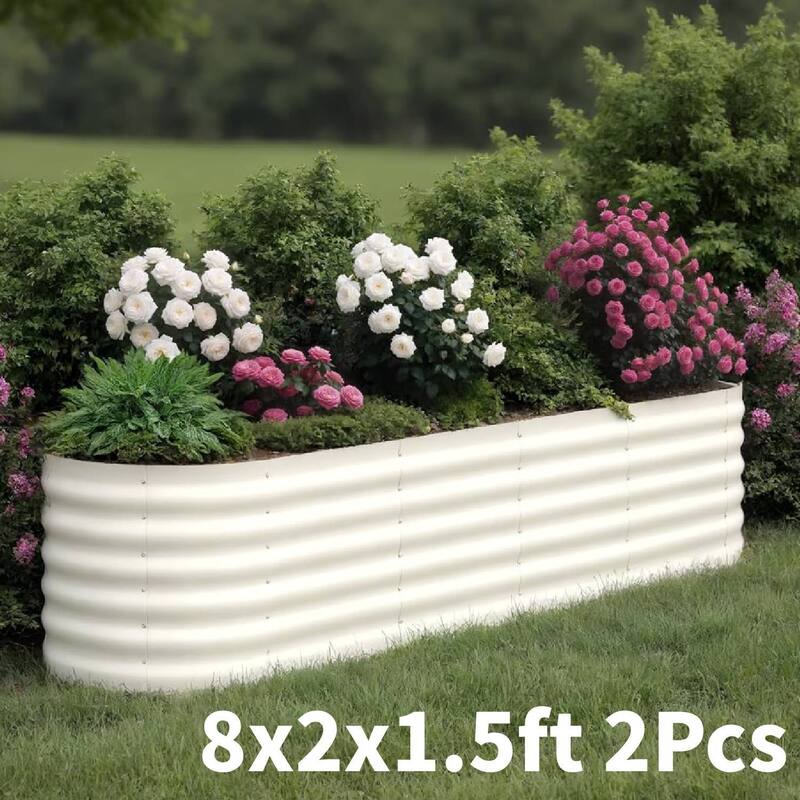 8x2x1.5ft 2Pcs Galvanized Raised Garden Bed Planter Boxes Outdoor, Off-White for Vegetables, Fruits, Flowers, Herbs - N/A - White