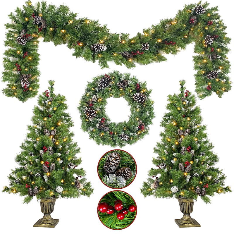 Pre-lit Xmas Tree Artificial Christmas 4-Piece Set in Green