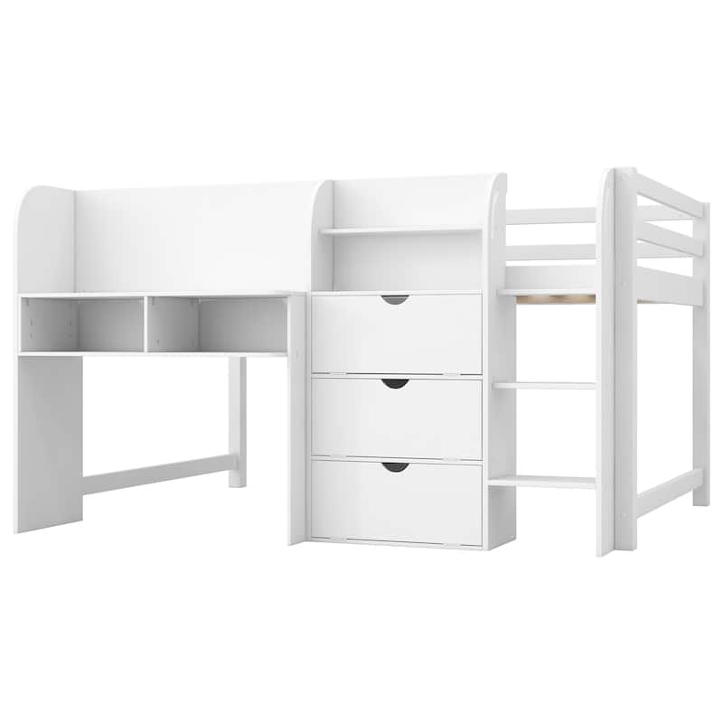 Wooden Full Size Low Loft Bed with Built-in Desk, Solid Pine Storage Loftbed Frame with Cabinets, Bookcase and Graffiti Board