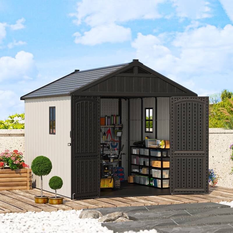 Patiowell 8' x 6' / 8' x 8' / 8' x 10 '/ 8' x 12' Plastic Outdoor Shed With Floor for Patio Furniture, Tools (Kick-It Shed) - 8' x 10' - Off-White