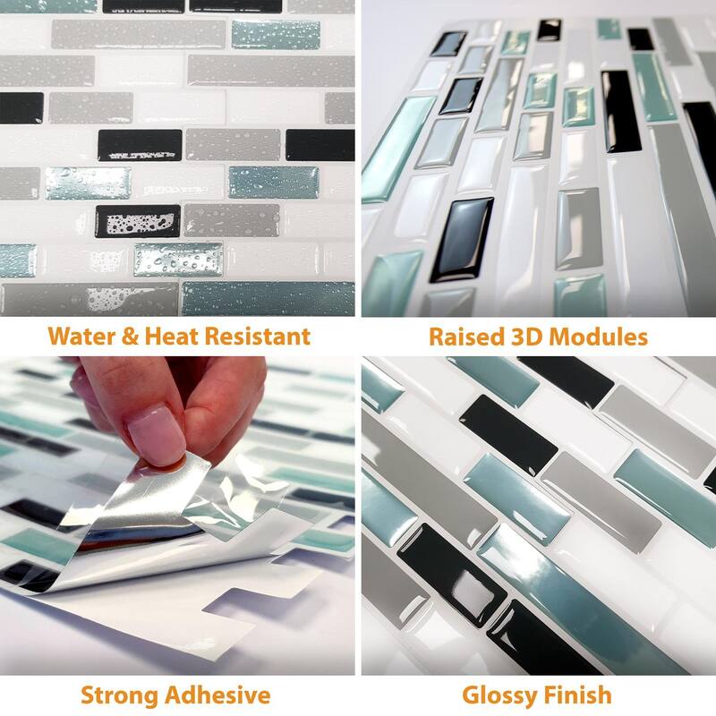 Walplus Mosaic Glossy 3D Metro Peel and Stick Backsplash Tile Stickers