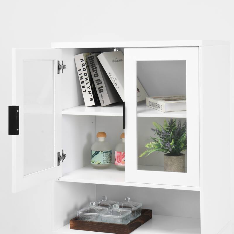 Tall Storage Show Cabinet with 2 Glass Display Door & 2 Doors, Kitchen Pantry Cabinet with Gold Handles，Cabinet Freestanding
