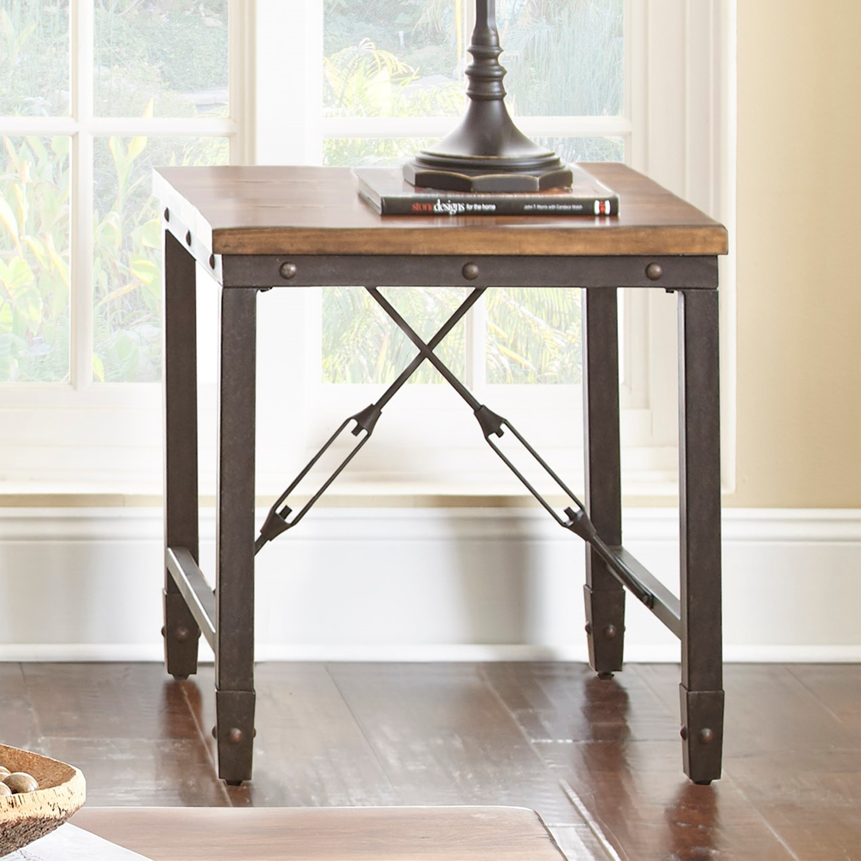 Carbon loft opsten industrial top brown wood end table