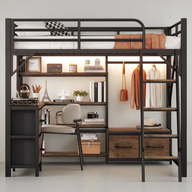Full/Queen Size Metal Loft Bed with Desk, LED Lights, USB Ports, Shelves, Drawers, and Wardrobe, Black