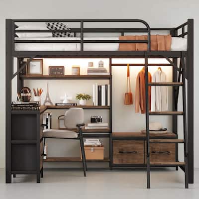 Full/Queen Size Metal Loft Bed with Desk, LED Lights, USB Ports, Shelves, Drawers, and Wardrobe, Black