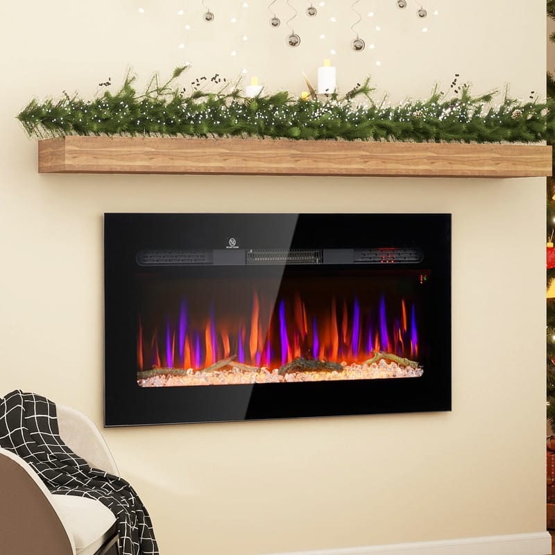 36/40/50/60 in. Wall Mount Recessed Electric Fireplace in Black, Remote Control, 8H Timer, Adjustable Flame & Brightness