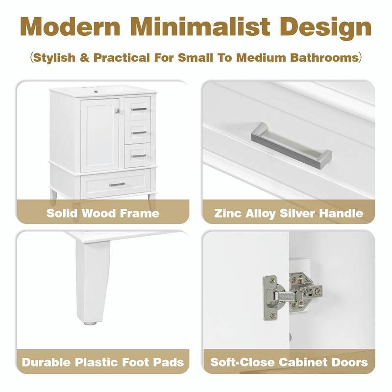 24.8" Bathroom Vanity with Ceramic Sink, Modern Freestanding Cabinet with Soft-Close Door and 3 Storage Drawers