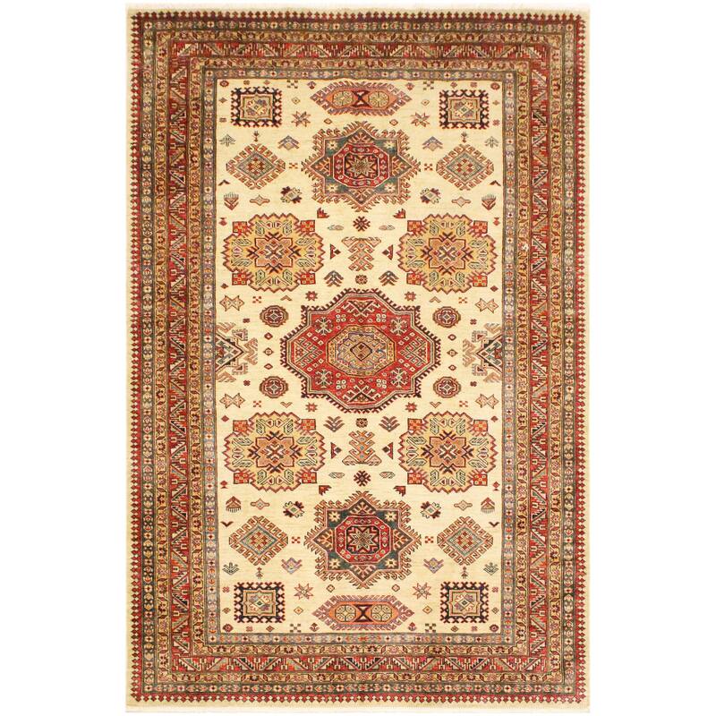 Caucasian Super Kazak Lilith Beige/Rust Hand Knotted Wool Rug - 5'6'' x 8'0''