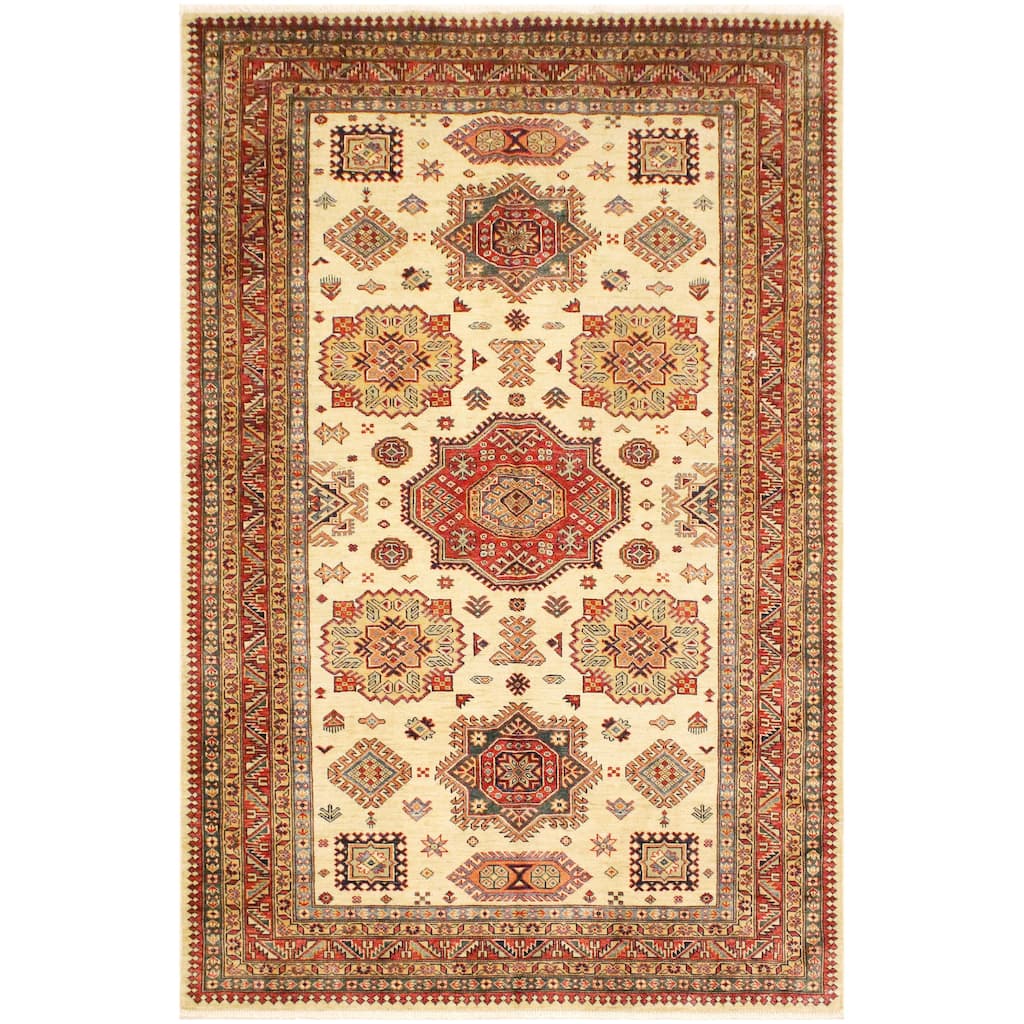 Caucasian Super Kazak Lilith Beige/Rust Hand Knotted Wool Rug - 5'6'' x 8'0''