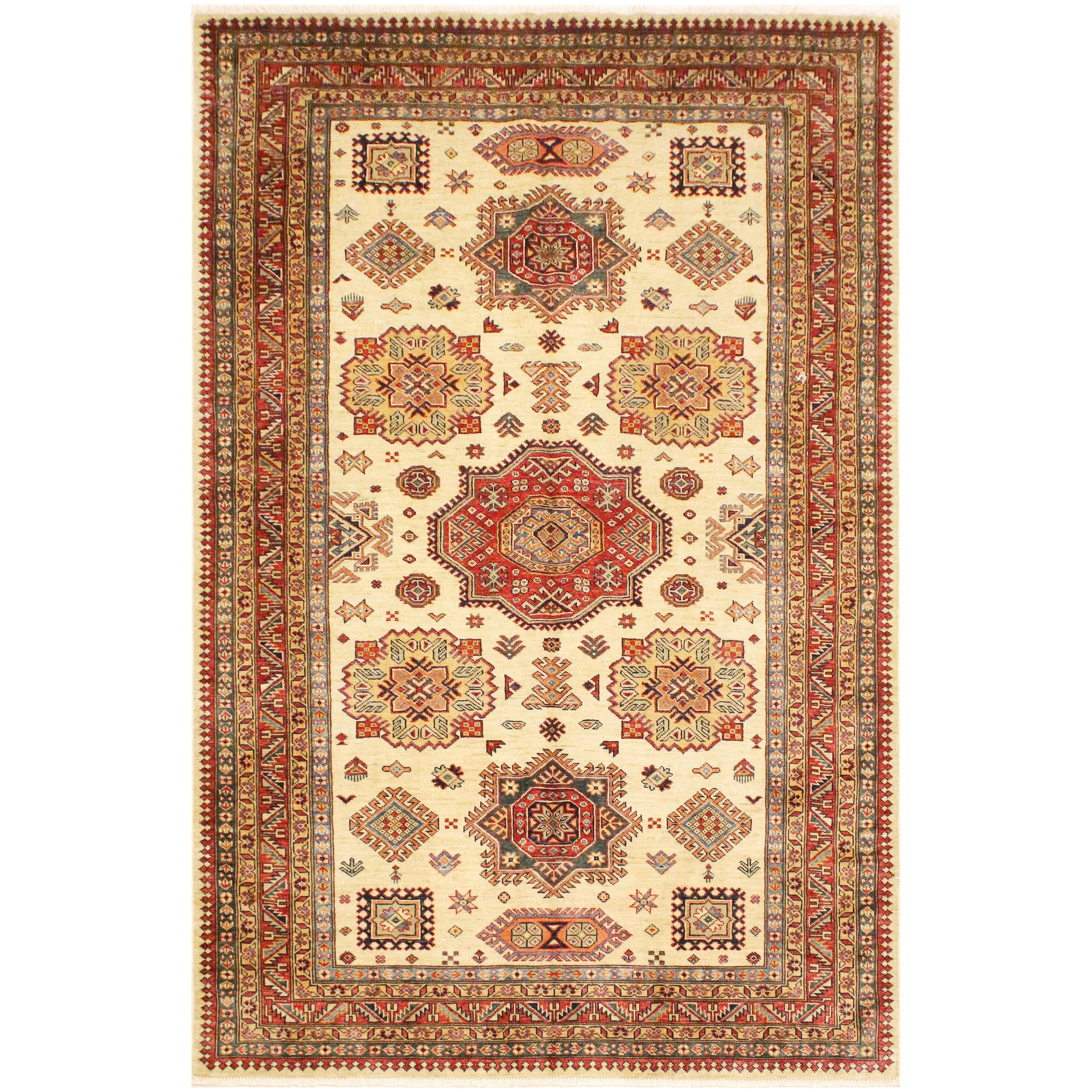 Caucasian Super Kazak Lilith Beige/Rust Hand Knotted Wool Rug - 5'6'' x 8'0''