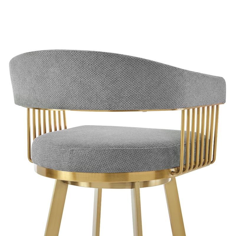 Luci Swivel Barstool Chair, Gold Steel, Tapered Legs, Gray Polyester