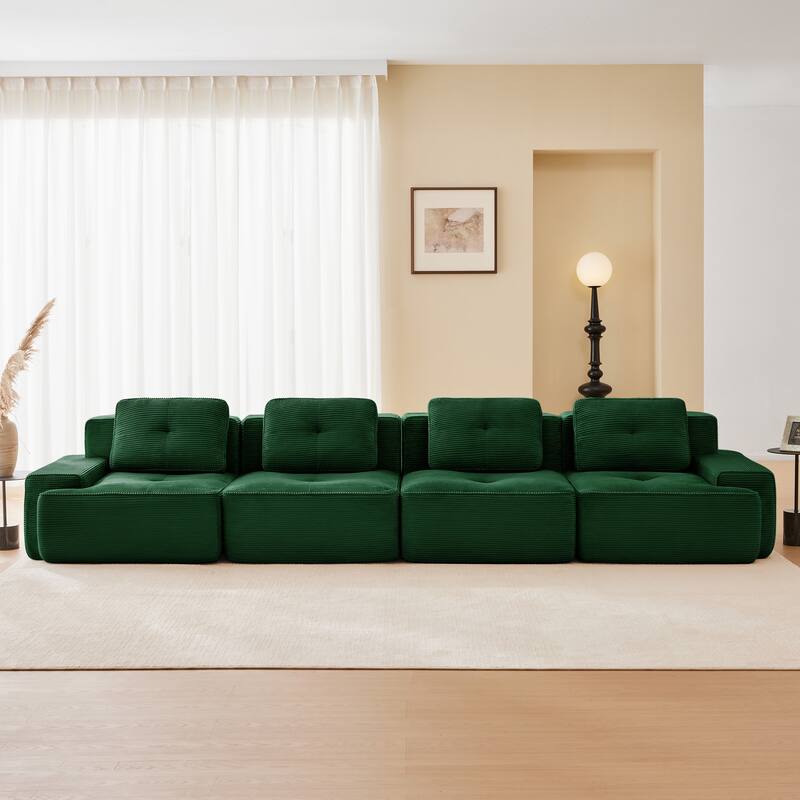153" Modern Modular Corduroy Sectional Sofa, 4-Seater, Tufted Design - Green