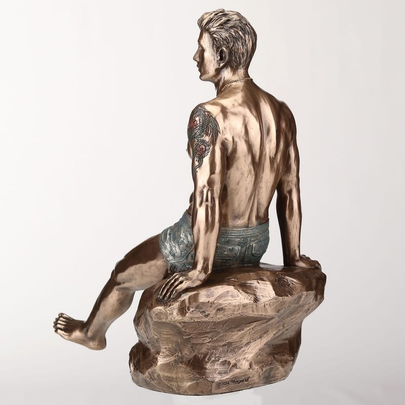 8.46 inches Height Cold Cast Bronze Tattooed Male Sitting on Rock Beach Pinup Bronze Finish Figurine