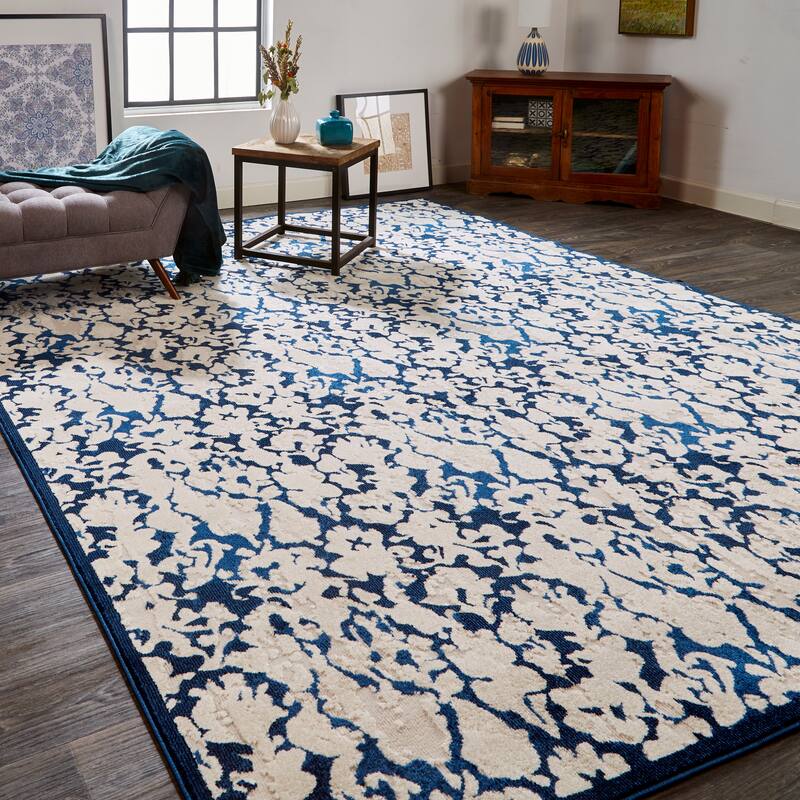 Meera Abstract Floral Rug, Ivory/Ink/Deep Blue, Area Rug