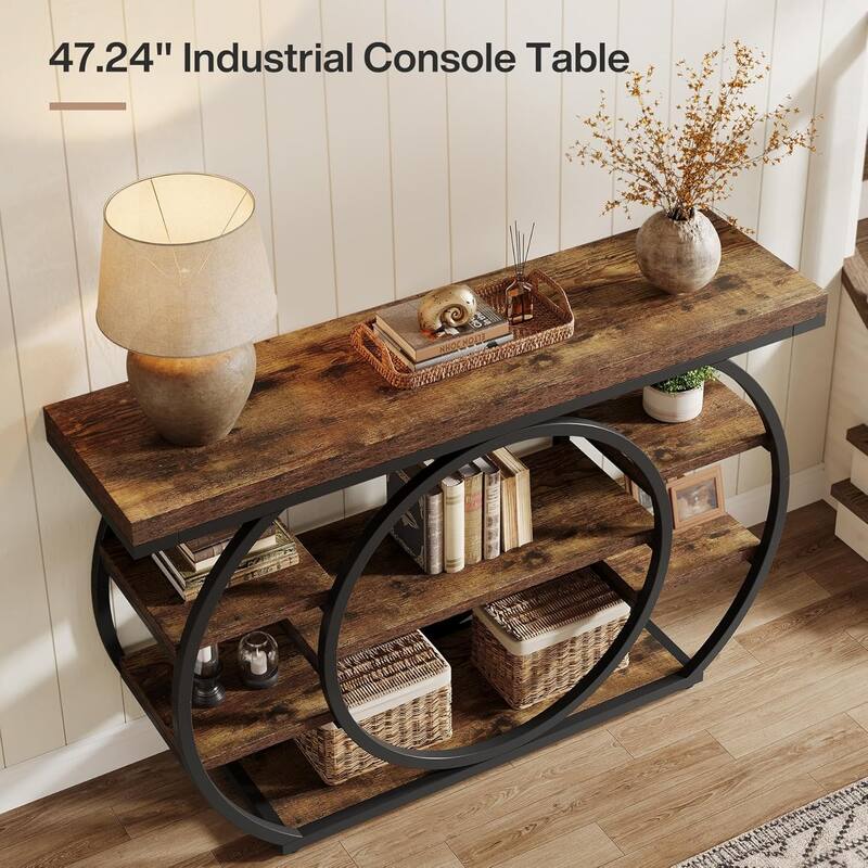 47-Inch Brown MDF Entryway Table, 5-Tier Industrial Sofa Table with Storage Shelves