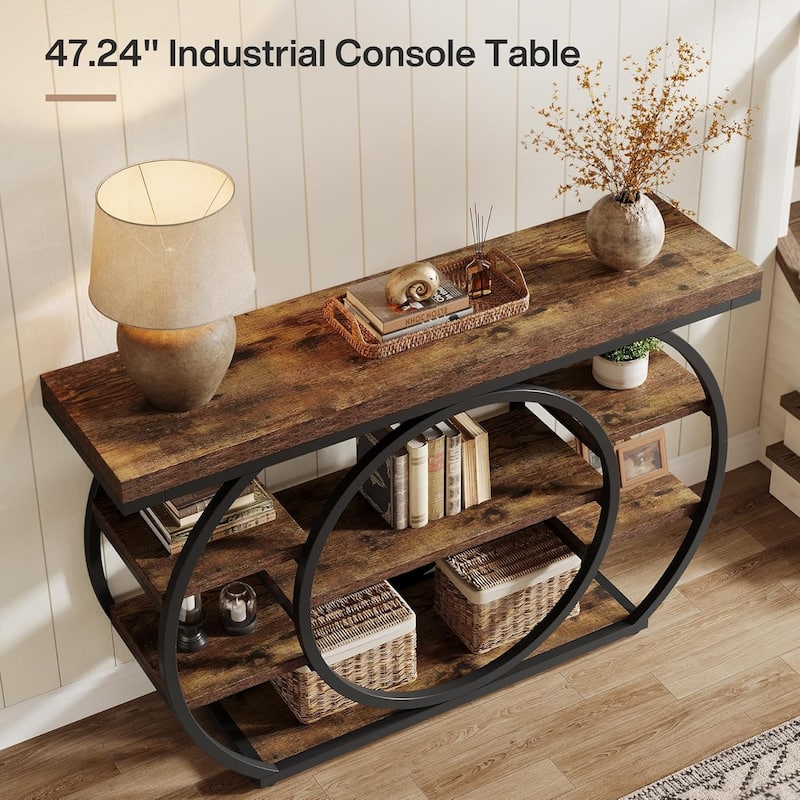 5-Tier Industrial Entryway Table with Metal Frame, 47" Console Table, Narrow Sofa Table Behind Couch Accent Tables