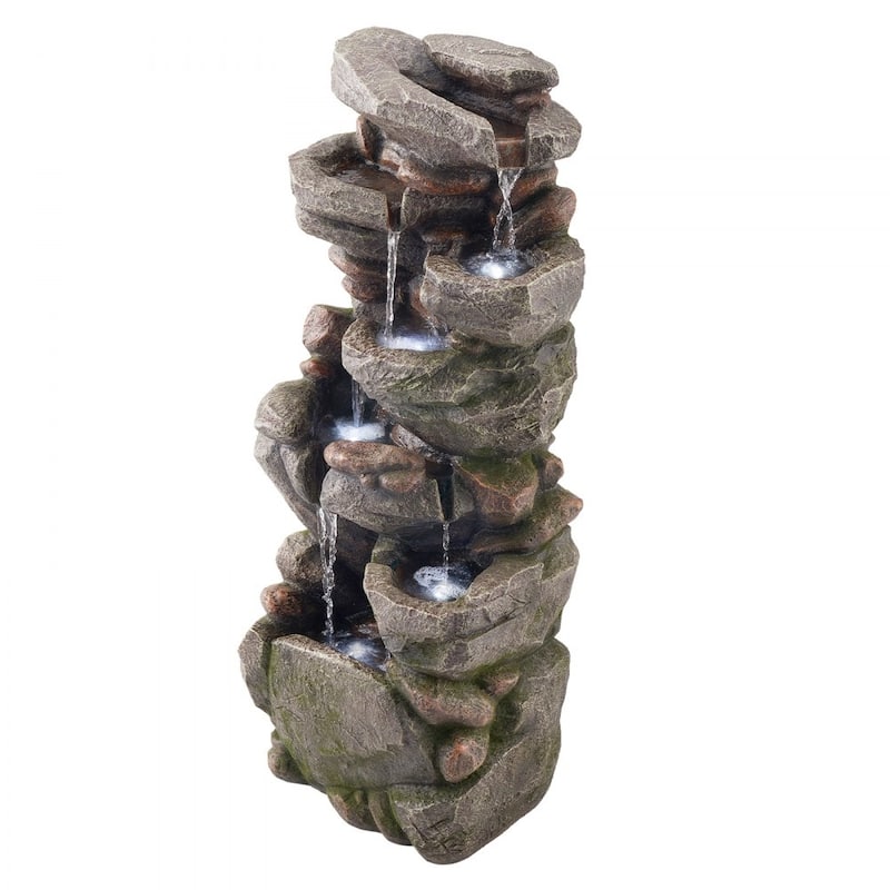 7-Tier Rock Style Yard Fountain with Soothing Water Sounds and LED Lights for Patio Decor - 14.96 x 11.42 x 38.98 in