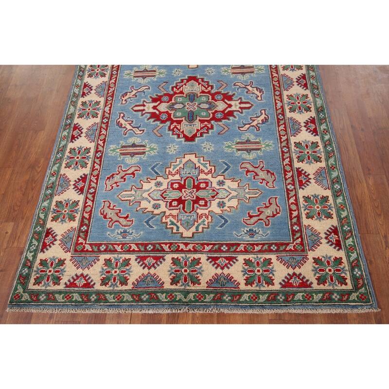 Blue Geometric Kazak Oriental Accent Rug Handmade Wool Carpet - 4'0" x 5'10"