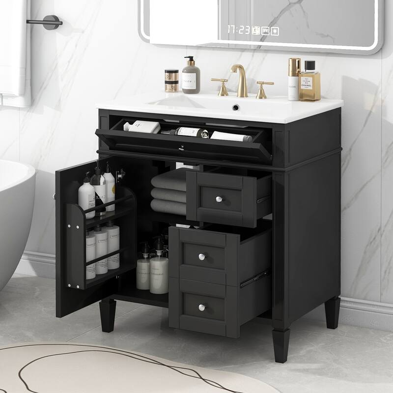 Single Sink Vanity for Bathroom Storage Cabinet with Tip-out Drawer, Small Drawer, Large Drawer, Door Rack and Adjustable Shelf